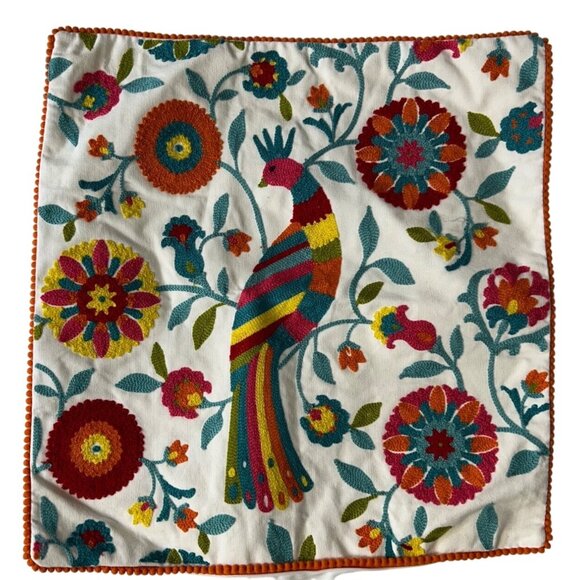 Colorful Embroidered 100% Cotton Pillow Cover Levtex Home Zipper Closure bird - Picture 1 of 6